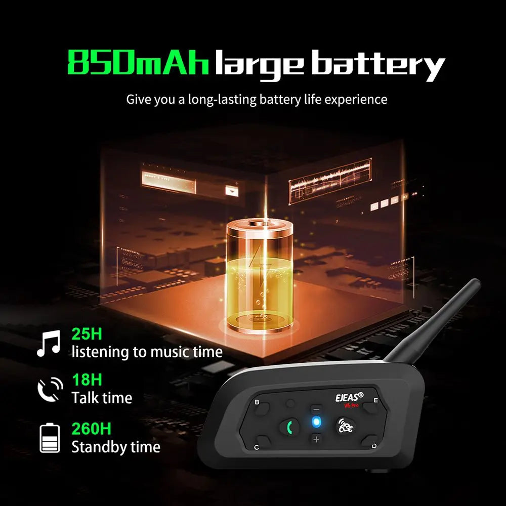 EJEAS V6 PRO+ Motorcycle Bluetooth Helmet Headset Intercom 850mAh MOTO Communicator 800m Interphone for 6 Riders IP65 Waterproof