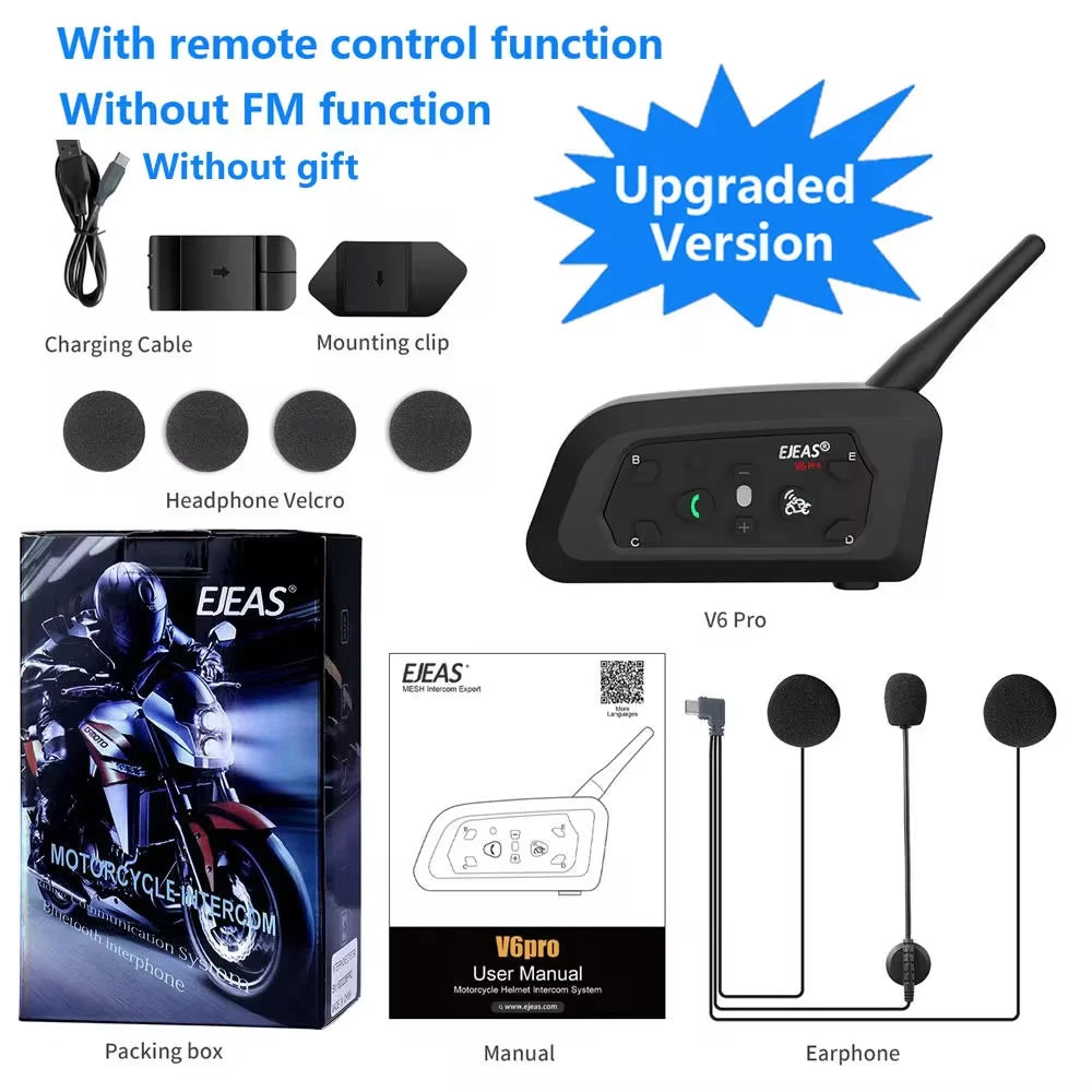 EJEAS V6 PRO+ Motorcycle Bluetooth Helmet Headset Intercom 850mAh MOTO Communicator 800m Interphone for 6 Riders IP65 Waterproof