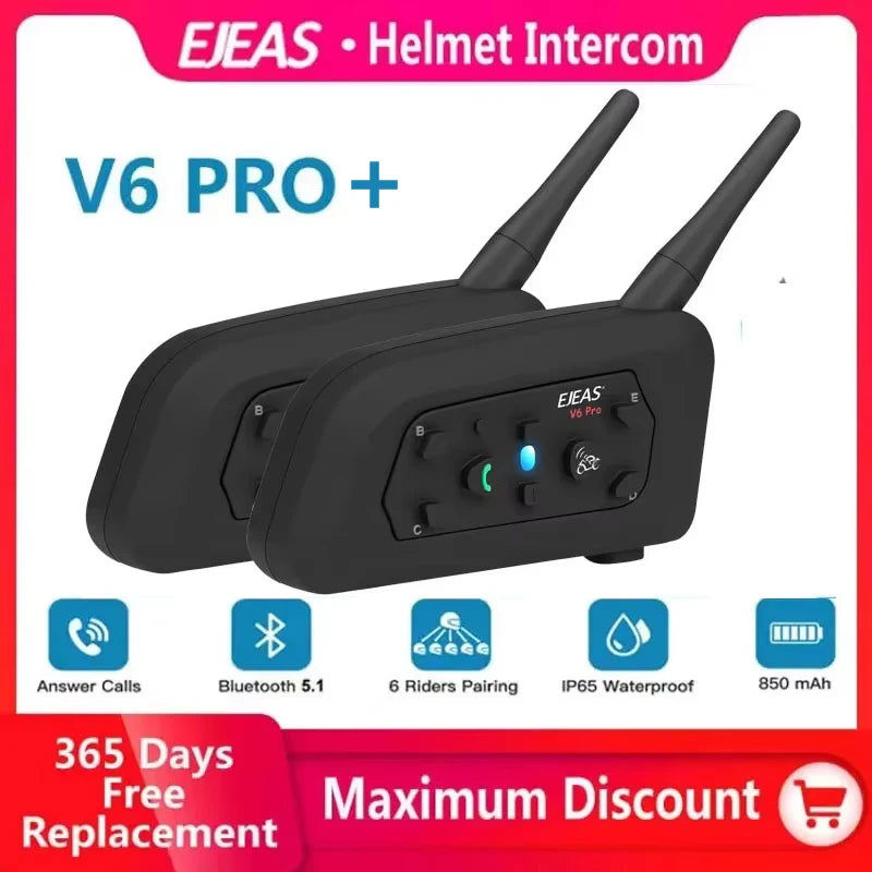 EJEAS V6 PRO+ Motorcycle Bluetooth Helmet Headset Intercom 850mAh MOTO Communicator 800m Interphone for 6 Riders IP65 Waterproof