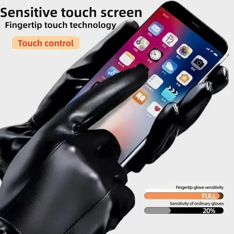New Outdoor Riding Motorcycle PU Gloves for Men Winter Gloves Warm Fleece-Lined Touchscreen Gloves Hand-Washable Leather Gloves