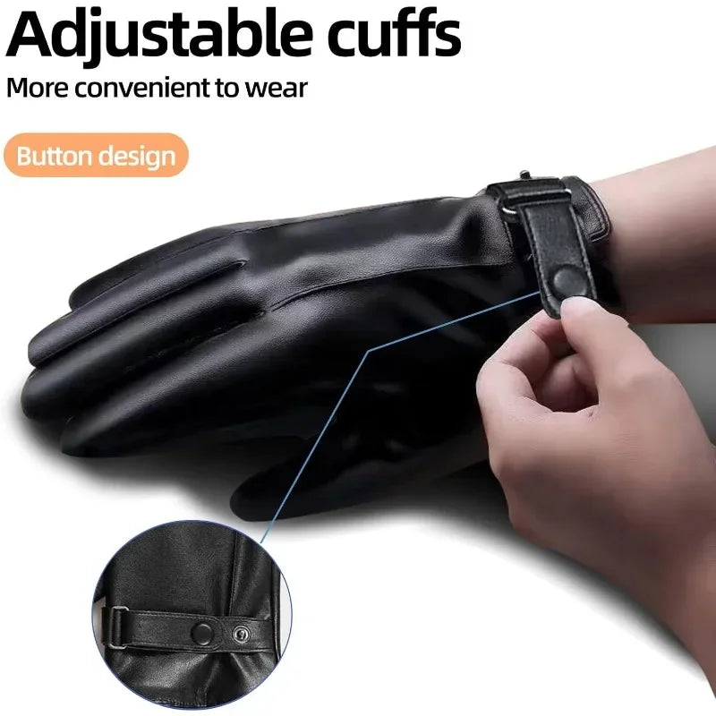 New Outdoor Riding Motorcycle PU Gloves for Men Winter Gloves Warm Fleece-Lined Touchscreen Gloves Hand-Washable Leather Gloves
