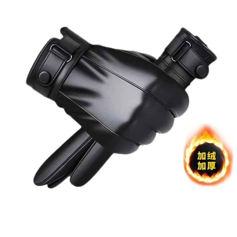 New Outdoor Riding Motorcycle PU Gloves for Men Winter Gloves Warm Fleece-Lined Touchscreen Gloves Hand-Washable Leather Gloves