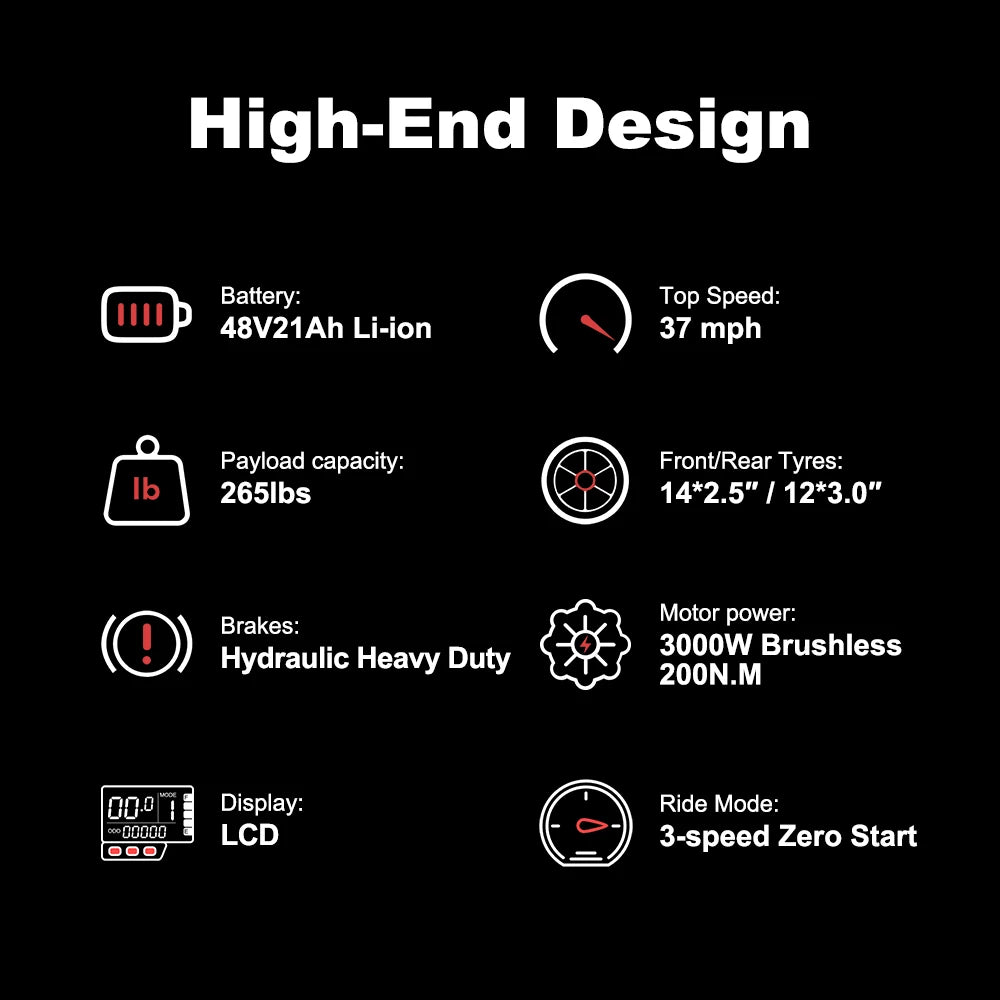 Electric Motorcycle 14 "/12" Fat Tires 3000W 48V 21AH Battery Ebike 37 mph