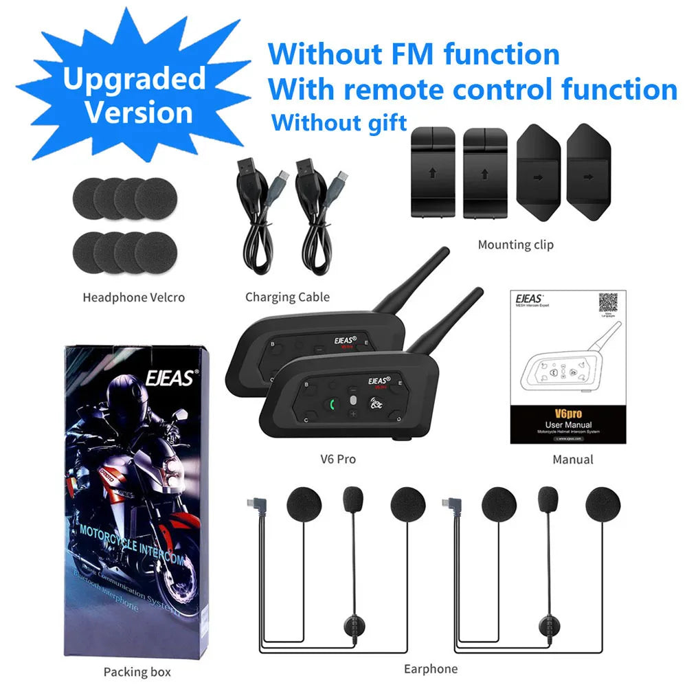 EJEAS V6 PRO+ Motorcycle Bluetooth Helmet Headset Intercom 850mAh MOTO Communicator 800m Interphone for 6 Riders IP65 Waterproof